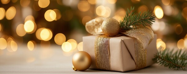 A festive Christmas gift with a gold ribbon and ornament on a table. Holiday background with glowing golden bokeh lights. New Year celebration banner with copy space