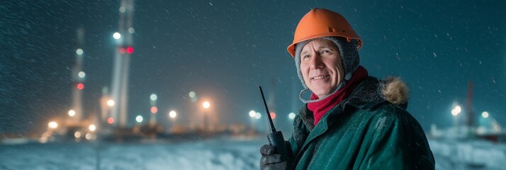 Smiling industrial worker in a hard hat during a winter snowstorm at night. Mature engineer with a walkie-talkie at an oil refinery. Energy industry and cold weather labor concept with copy space