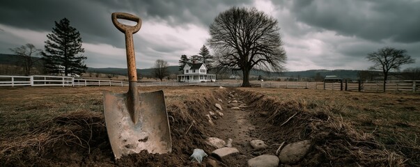 A rusty shovel in a freshly dug trench on a rural farm. Moody landscape with a classic farmhouse under a dramatic cloudy sky