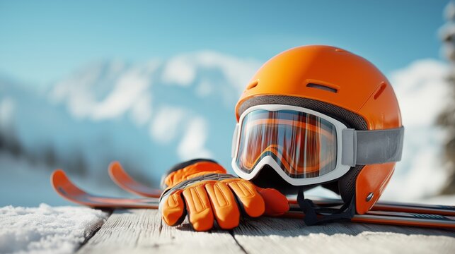 Orange ski helmet and goggles on a snowy wooden table. Winter sports equipment for a mountain vacation. Outdoor adventure concept