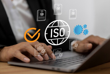 ISO certification process with digital interface, people with virtual icon for quality assurance, international quality standards, compliance and global trust, business accreditation and management