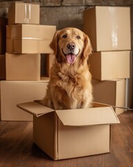 Happy golden retriever dog sitting in a cardboard box during a move. Pet helping with packing for a new home. Relocation concept with a cute animal