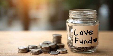 Saving money in a glass jar with a 'Love Fund' label. Financial planning for a relationship, future investment, or charity donation concept