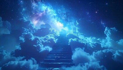 Fototapeta premium Stairway to the heavens, amid clouds, leading to a bright, starry sky