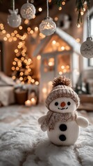 A cute knitted snowman toy as a festive Christmas decoration. Cozy winter holiday scene with warm bokeh lights in the background