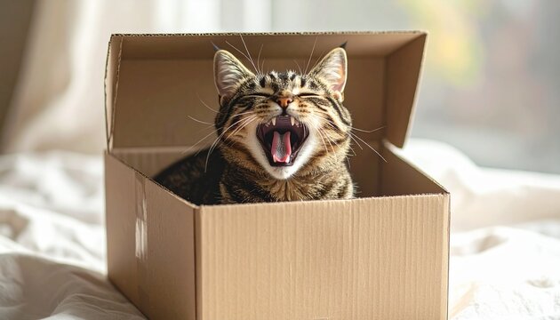 紙箱の中であくびするトラ猫のフォト
