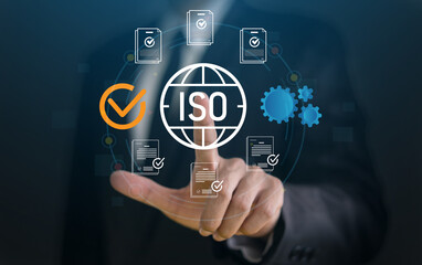 ISO certification process with digital interface, people with virtual icon for quality assurance, international quality standards, compliance and global trust, business accreditation and management