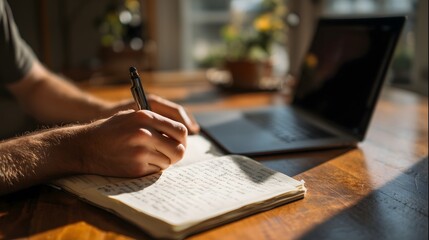 Person Writing in Journal Next to Laptop