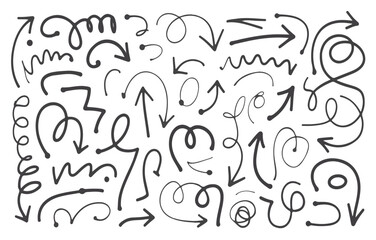 Collection of Hand Drawn Black Arrows and Swirls on White Background Keywords: arrow, arrows, hand drawn, doodle, sketch, scribble, swirl, curly