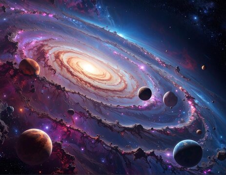 A cosmic spiral with planets orbiting a bright, celestial center