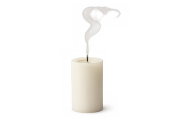 Extinguished white pillar candle with smoke stream, symbolic of ending, memory, or peace on transparent background