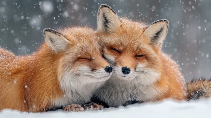 red foxes embracing in a snowy landscape