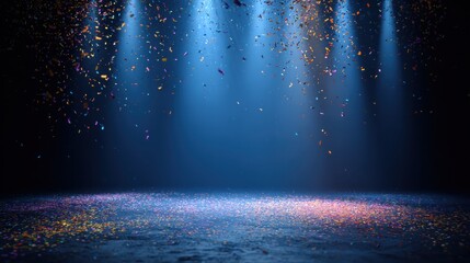 colorful confetti falls on dark blue floor under spotlights creating festive celebration scene ideal for party invitations or celebratory background