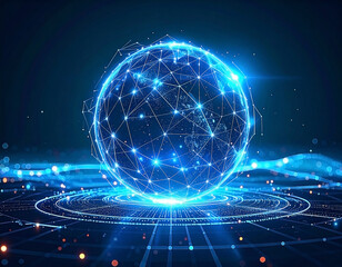 Blue globe of interconnected lights hovering over a geometric design