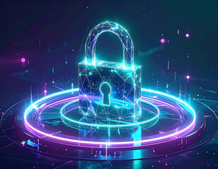 Futuristic Cyber Security: Digital Padlock Safeguarding Information in Neon Ambiance