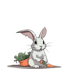 Cute White Bunny Holding a Carrot Cartoon Illustration. 