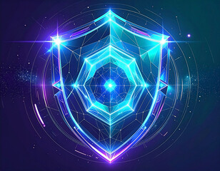 Glowing geometric shield, polygonal mesh, bright blue and purple, against dark space