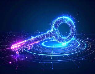 Neon key on glowing circles, abstract technology concept on dark blue