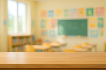 Education themed blurred classroom with colorful decor and empty wooden table surface perfect for learning materials product staging and school marketing visuals