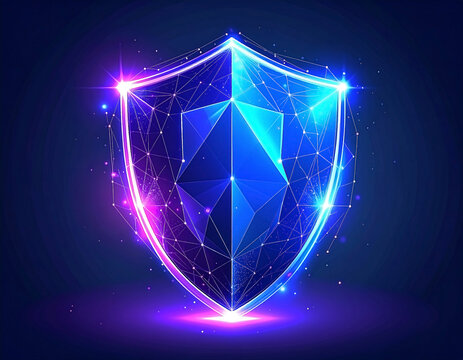 Abstract shield blue gem center, neon pink/blue outline, mesh