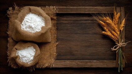 Sacks of flour and wheat ears on a rustic wooden surface.