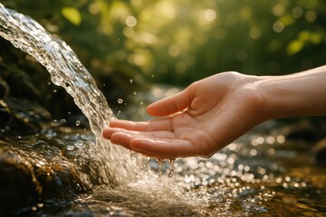 Fresh water pouring into cupped female hands over lush green background symbolizing conservation purity and sustainability with natural light and soft bokeh