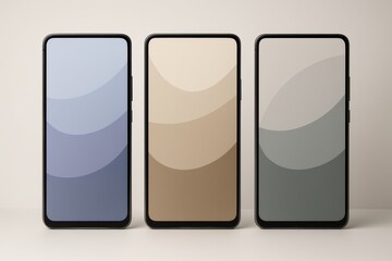 Flagship smartphone trio mockup showing lock screen home screen and back design isolated on clean background perfect for UI presentations and marketing showcases