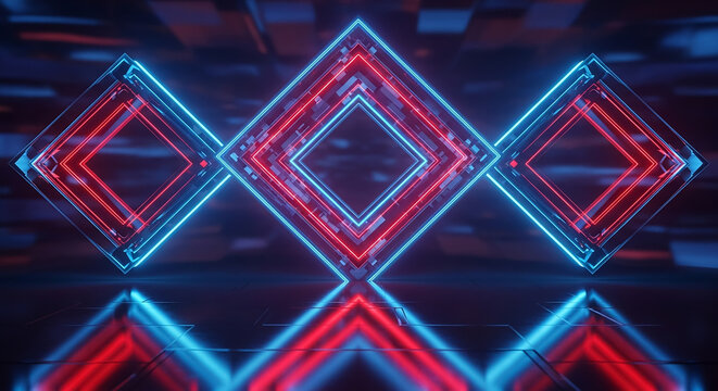 Abstract neon glowing rhombus shapes reflecting on dark floor