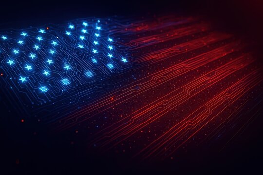 Futuristic American flag made of luminous circuits and data waves symbolizing innovation cybersecurity and digital infrastructure with dynamic depth and motion