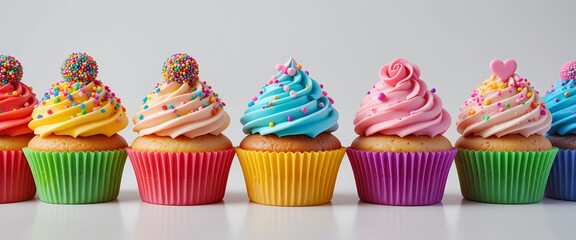 Row of colorful cupcakes with vibrant frosting and various decorative toppings displayed in a