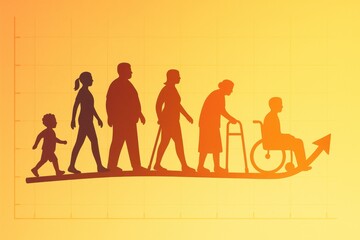 Inclusive silhouettes of all ages over vibrant gradient backdrop symbolizing global life expectancy gains health equity and progress across populations