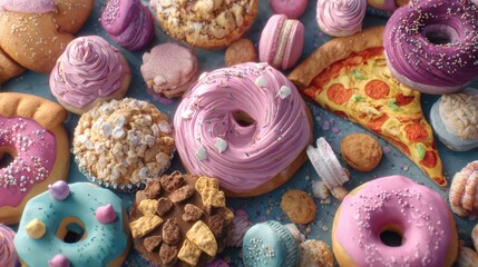sweet treats galore a delightful spread of colorful donuts cupcakes cookies and pizza