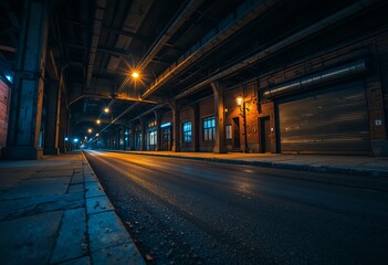 Dimly lit empty industrial street under bridge at night with urban atmosphere