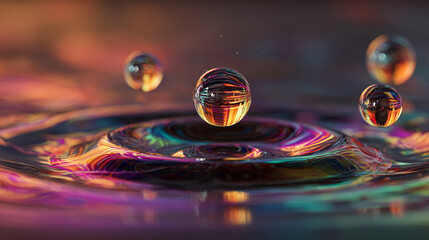 A single droplet splits into multiple luminous spheres mid-air in hyperrealistic detail. The scene symbolizes transformation, energy, and delicate motion, highlighting light, fluidity, and ethereal be