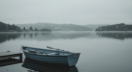 A serene blue rowboat rests tied to a wooden dock on a calm lake under a cloudy sky.