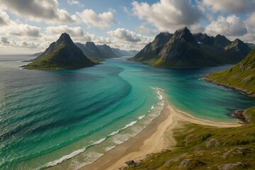 Majestic Norwegian coastline where a small river meets the sea dramatic mountains under changing sky pristine northern landscape perfect for travel inspiration
