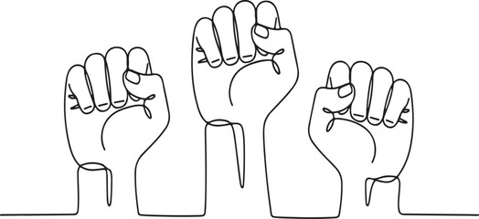 Three Black Line Art Fists Raised in Solidarity on White Background Keywords: fist, raised, solidarity, protest, power, strength, unity