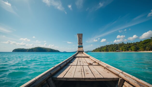 serene tropical wooden boat journey toward distant islands under blue sky and scattered clouds