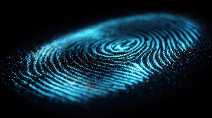 macro shot of glowing blue fingerprint on dark background representing biometric security and digital identity