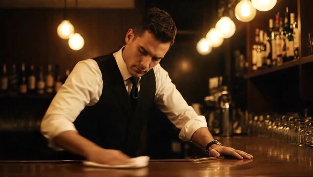 Bartender Preparing the Bar: A dedicated bartender, meticulously cleans the bar, surrounded by a warm, inviting ambience, readying the space for the evening's patrons.