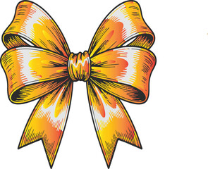 Yellow and orange illustrated bow tie with black outlines on a white background ribbon