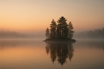 Mystic fog over calm lake with tiny forested island autumn colors and soft pastel sky creating a poetic Scandinavian landscape of quiet reflection