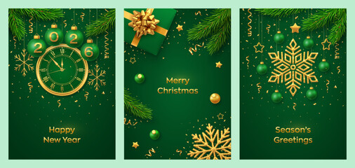 Happy New Year 2026. Christmas card set. Green balls with golden numbers 2026. Watch the countdown to midnight. Golden snowflakes. Gift boxes with golden bows and fir branches. Vector illustration.