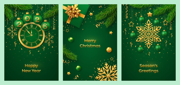 Happy New Year 2026. Christmas card set. Green balls with golden numbers 2026. Watch the countdown to midnight. Golden snowflakes. Gift boxes with golden bows and fir branches. Vector illustration.