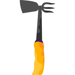 Cultivator hoe tool with yellow handle and dark grey metallic head with three prongs on a white background