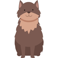 Cute brown cartoon cat with fluffy fur sitting and facing forward with a friendly expression and collar on a white background in a simple illustration style
