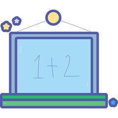 Cute cartoon blackboard displaying mathematical equation 1+2 with playful stars and sun decoration simple illustration for early education