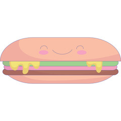 Cute Cartoon Sandwich Character With Pink Buns Green And Brown Filling And Yellow Cheese Drips On White Background
