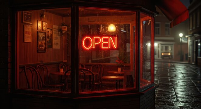 Cozy cafe with red neon open sign glows on wet street at night.