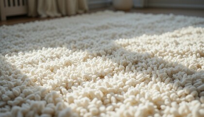 Soft textured cream white shaggy carpet illuminated by natural sunlight in cozy interior